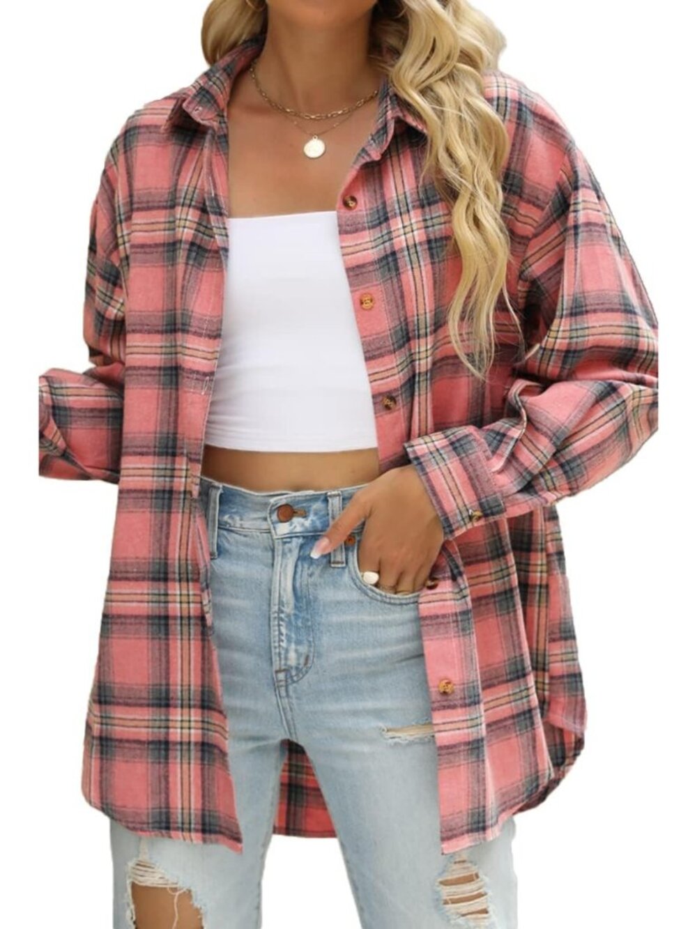 Womens Button Down Flannel Shirts Long Sleeve Plaid Shackets Business Casual Blo